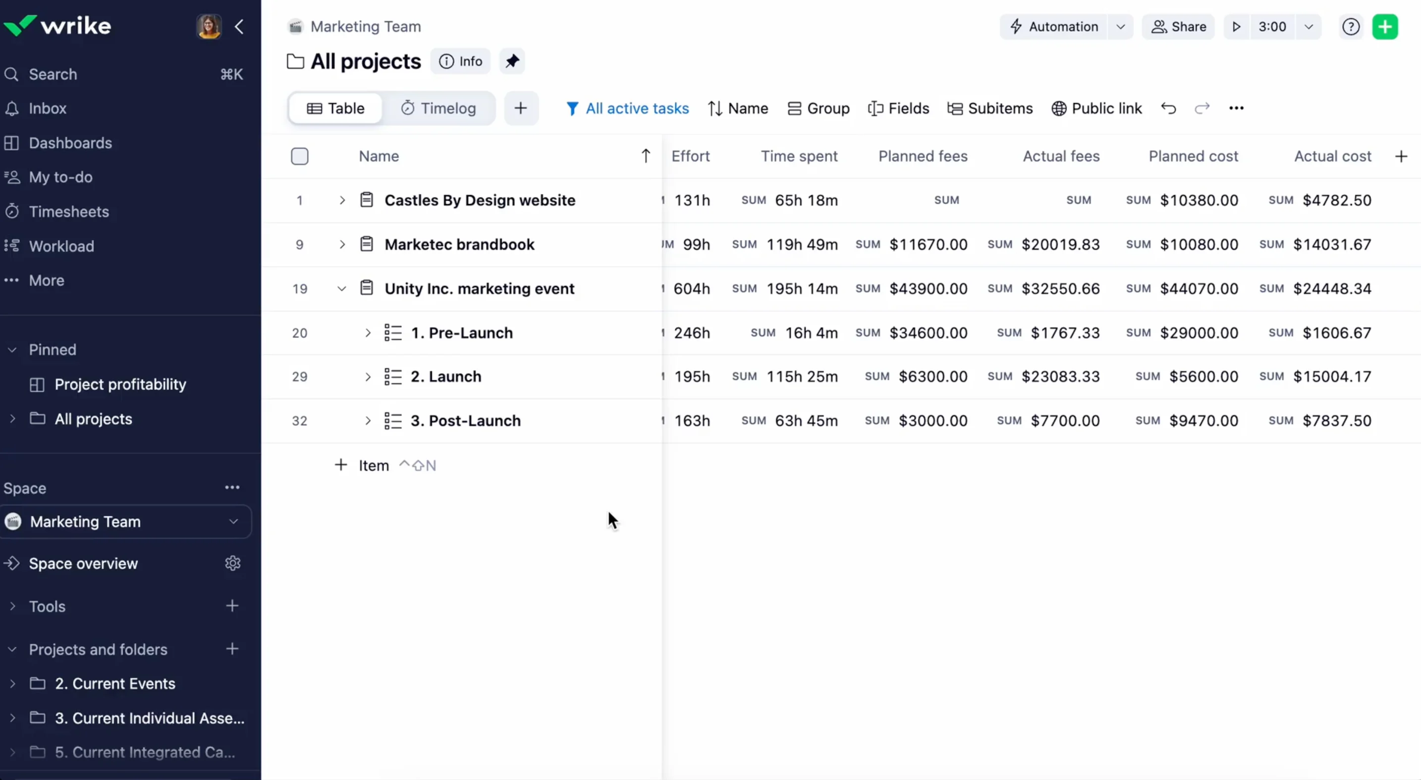 Wrike dashboard showing a table of projects with columns for effort, time spent, planned fees, actual fees, planned cost, and actual cost for budget tracking.